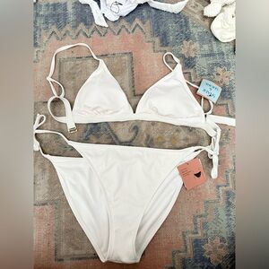 Ribbed White Triangle String Bikini